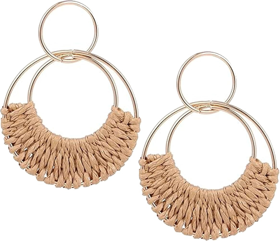 Rattan Weave Earrings Boho Summer Raffia Hoop Dangle Earrings for Women Girls Bohemian Raffia Bra... | Amazon (US)
