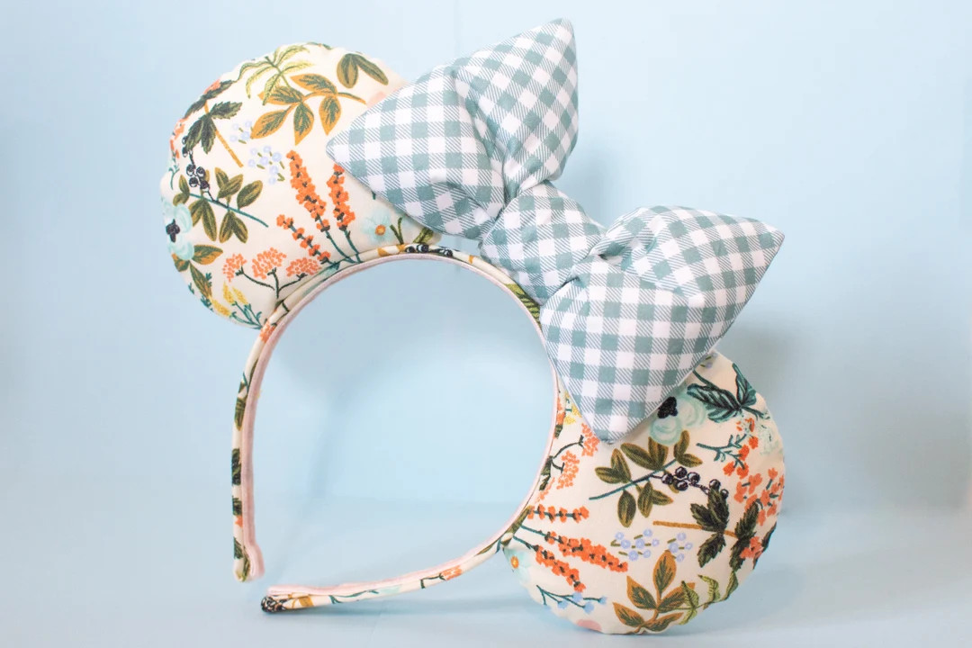 Rifle Paper Co Floral Minnie Ears with Light Blue Gingham Oversized Bow - rpc ear with blue and c... | Etsy (US)