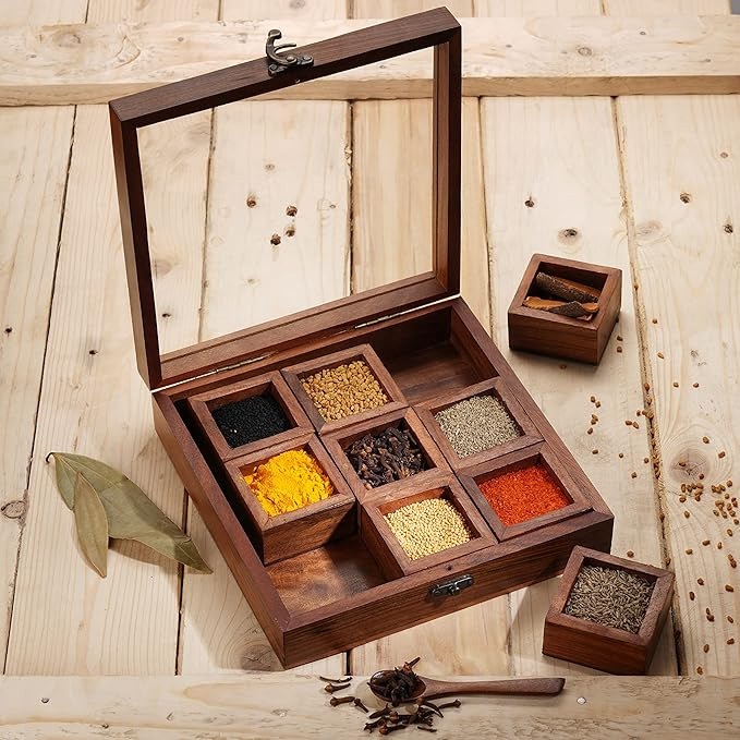 Ajuny Wooden Spice Box 9x9 Inch - Decorative Masala Dabba Organizer with Glass Lid, 9 Compartment... | Amazon (UK)