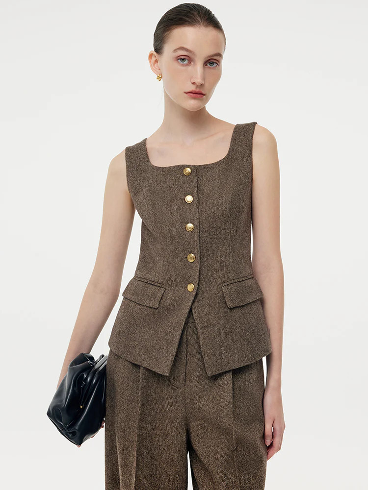 100% Washable Wool Square Neck Women Vest - Coffee Brown / L | GOELIA