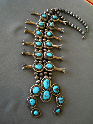 Native American Southwestern Gem Turquoise Sterli Silver Squash Blossom Necklace | eBay US