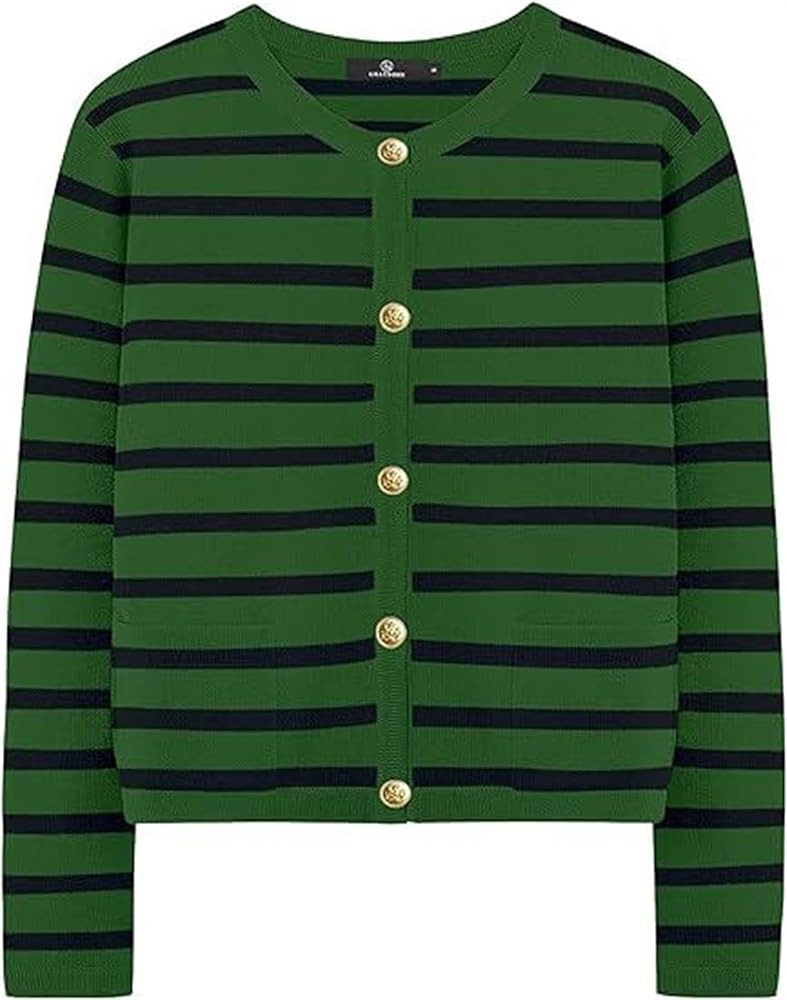 Women's Striped Cardigan Sweater Open Front Gold Button Down Cropped Knit Long Sleeve Crewneck La... | Amazon (US)