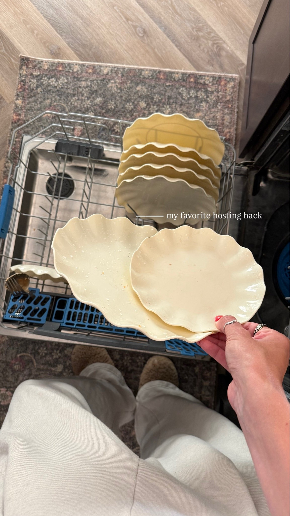 My favorite hosting hack is reuseable plates that are dishwasher safe