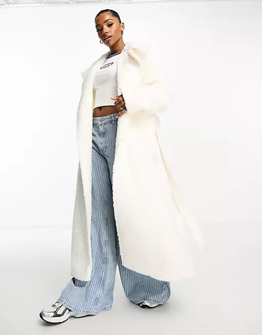 The Frolic fluffy longline wrap coat in light cream | ASOS (Global)