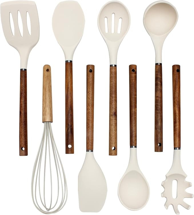 Country Kitchen Non Stick Silicone Utensil Set with Rounded Wood Handles for Cooking and Baking, ... | Amazon (US)