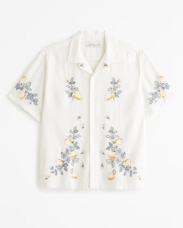 Camp Collar Summer Linen-Blend Embroidered Shirt | Abercrombie & Fitch (US)