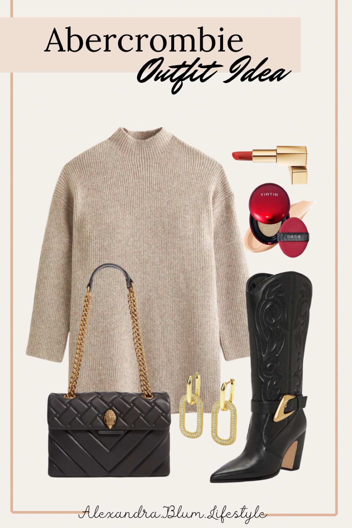 Abercrombie outfit idea! Winter outfit! Winter date night outfit! Country concert outfit! Thanksgiving outfit! Sweater dress, black handbag, knee high black western boots, gold earrings, and Amazon makeup! Sweater dress outfit! 

#LTKShoeCrush #LTKBeauty #LTKFindsUnder100