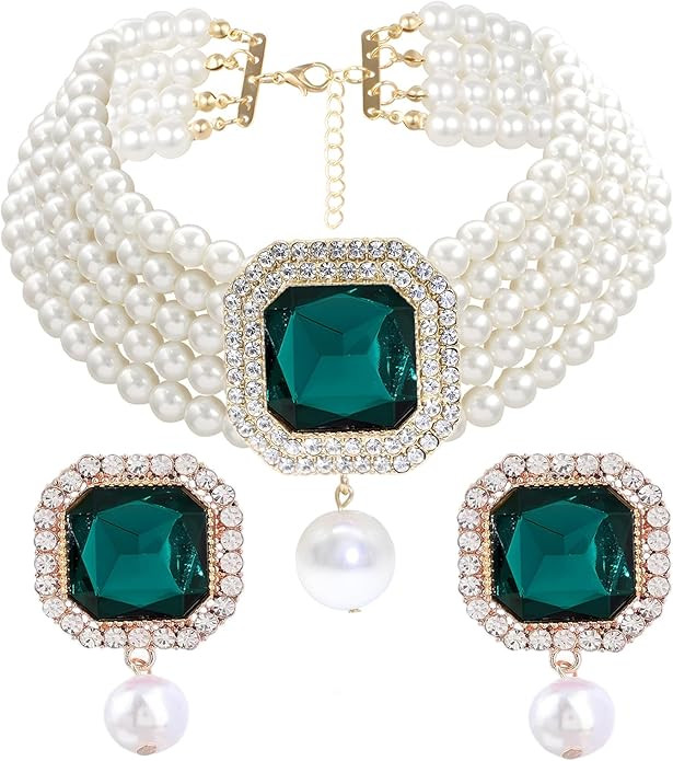 JNF Gold Plated Pearl Choker Collar Necklace for Women Crystal Rhinestone Pearl Statement Necklac... | Amazon (US)