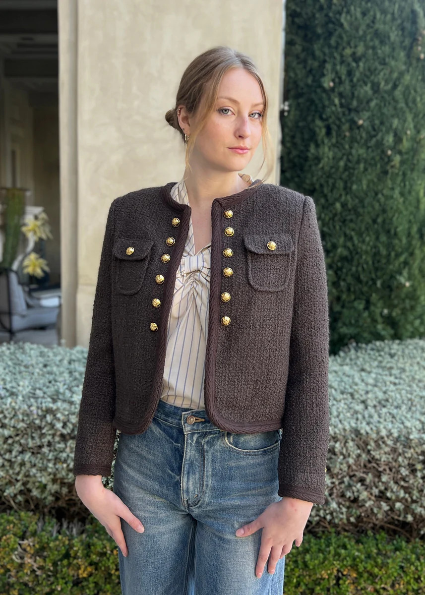 Gina Tweed Fitted Jacket with Gold Button Details - Brown | Benaar La