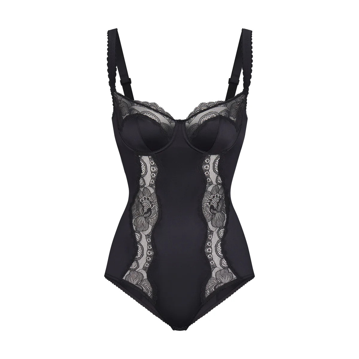 STRETCH SATIN LACE BRIEF BODYSUIT | ONYX | SKIMS (US)