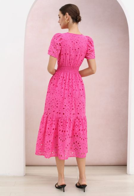 Hot Pink Eyelet Embroidery Shirred Waist Cotton Midi Dress for City Brunch & Gallery Openings | Chicwish