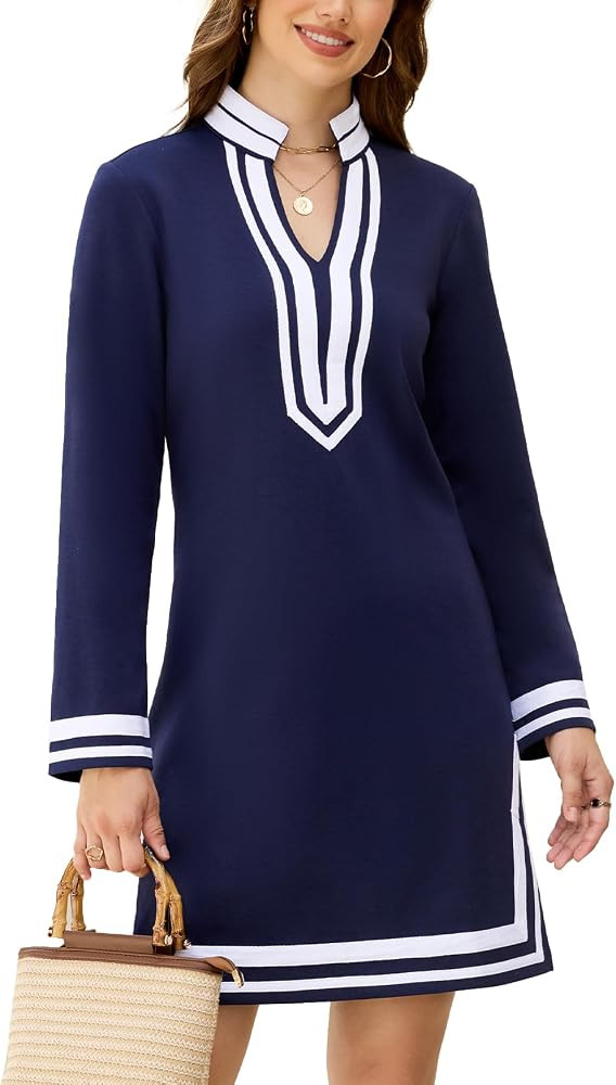 YEXPINE Women's Color Block Shift Mini Dress Long Sleeve V Neck Casual Tunic Dress | Amazon (US)