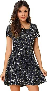Allegra K Women's Printed Casual Square Neck Short Sleeve Fit and Flare Dress | Amazon (US)