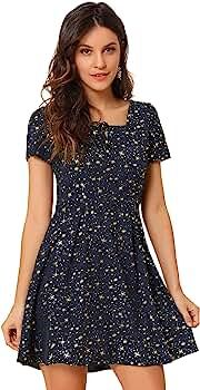Allegra K Women's Printed Casual Square Neck Short Sleeve Fit and Flare Dress | Amazon (US)