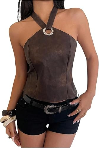 WDIRARA Women's Faux Leather Halter Top Sleeveless Tie Backless Tank Tops Rave Night Clubwear | Amazon (US)