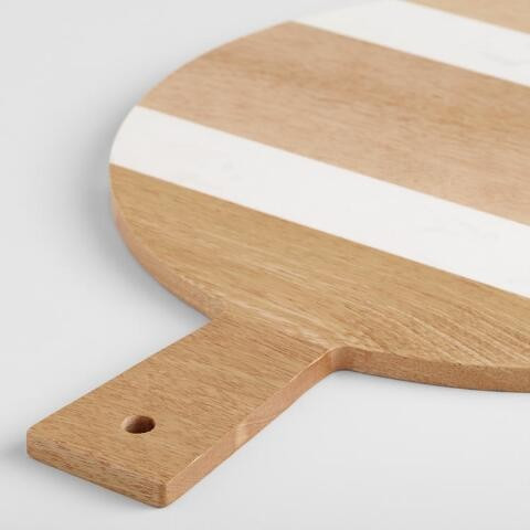 Small Round Wood and White Marble Paddle Cutting Board | World Market