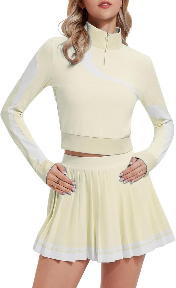 Women 2 Piece Skirt Set Golf Outfits Half Zip Long Sleeve Pullover Tennis Skirt Matching Sets Athletic Tracksuits | Amazon (US)