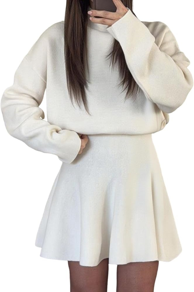 Women Elegant Loose Fit Mock Neck Long Sleeve Flared Hem Knit Mini Sweater Dress Fall Pullover Sw... | Amazon (US)