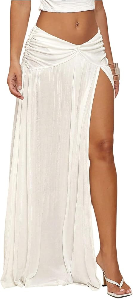 Milumia Women's Low Rise Maxi Skirt Side Slit Beach Ruffle Hem Flowy Boho Long Skirts | Amazon (US)