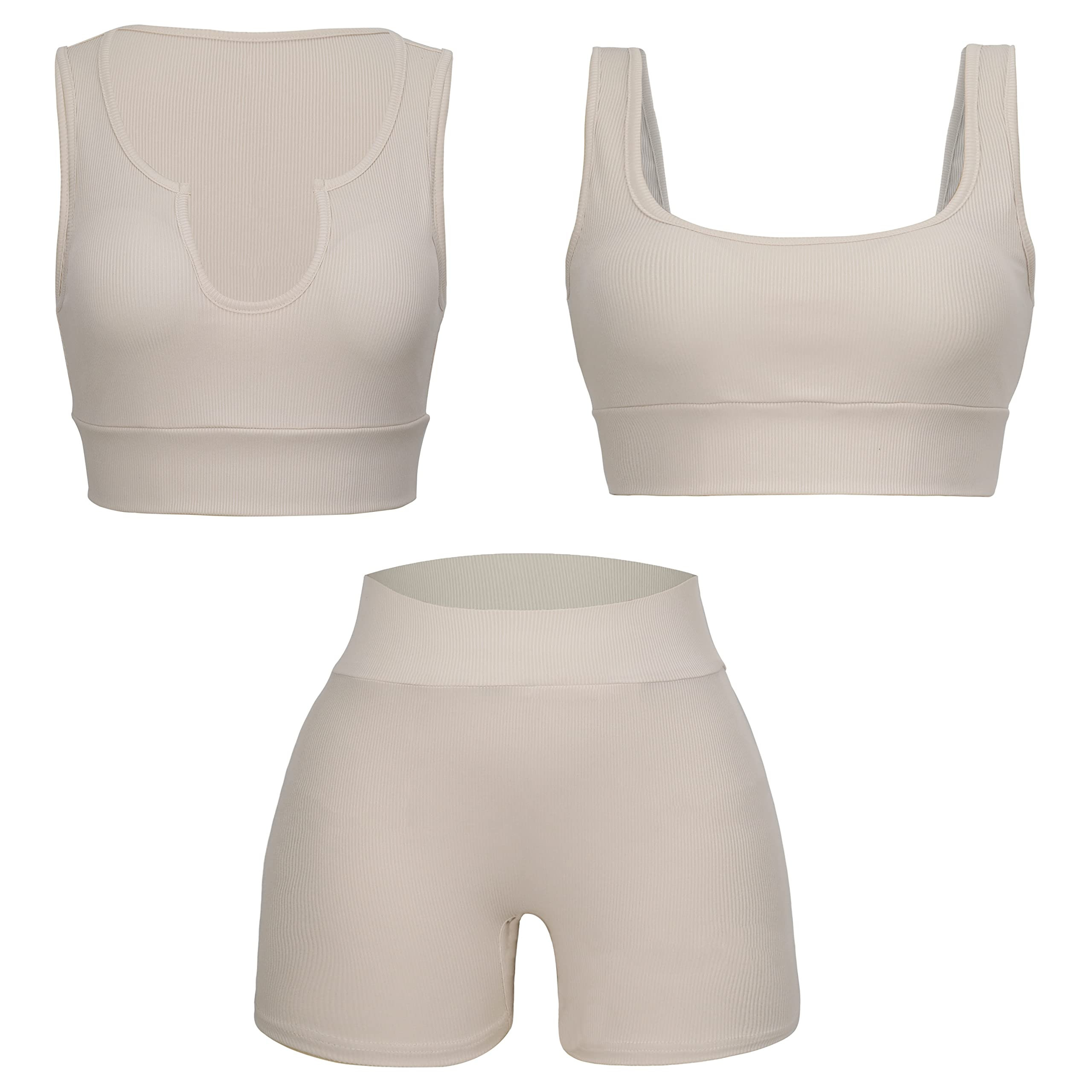 HEQU Workout Outfits for Women Gym, 3 Pieces Seamless Ribbed Crop Tank Shorts High Waist Shorts with | Amazon (CA)