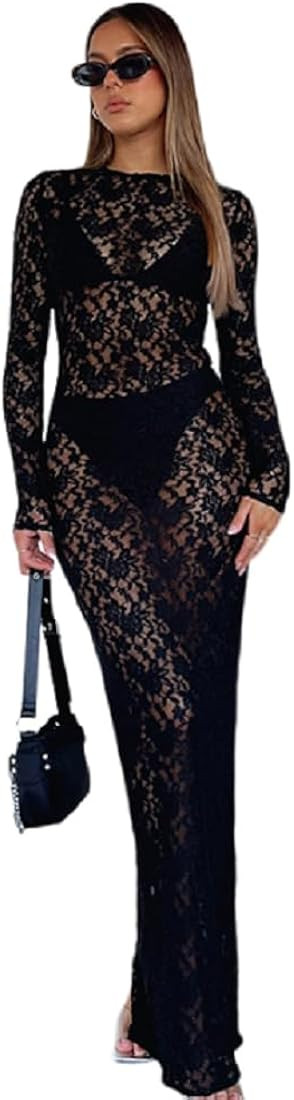 Suillty Women's Elegant Floral Lace Long Sleeve Maxi Dress MeshSee Through Bodycon Y2K Party Club... | Amazon (US)
