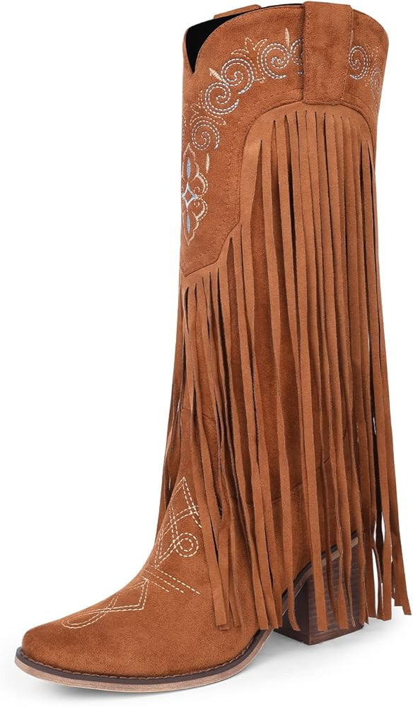 ISNOM Mid Calf Fringe Cowboy Boots for Women, with Sassy Tassel and Classic Western Embroider Des... | Amazon (US)