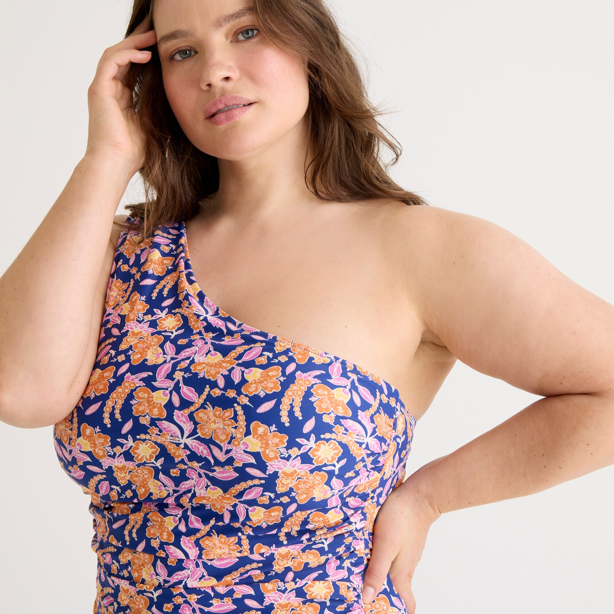 Ruched one-shoulder one-piece in painted block print | J. Crew US