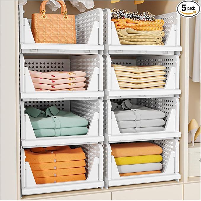 SNSLXH 5 Pack Stackable Closet Storage Basket, Multifunctional & Foldable Closet Organizer for Ba... | Amazon (US)