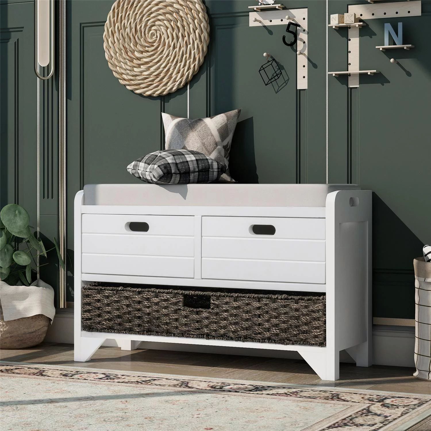 Narrow Storage Bench, Solid Wood Entryway Bench with Removable Basket and 2 Drawers, Classic Acce... | Walmart (US)