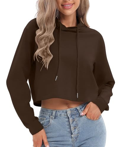 milanpavilion Crop Hoodies for Women Long Sleeve Crop Top Women's Fashion Hoodies & Sweatshirts Workout Crop Tops for Women Sweatshirt Hoodies for Teen Girls Brown | Amazon (US)