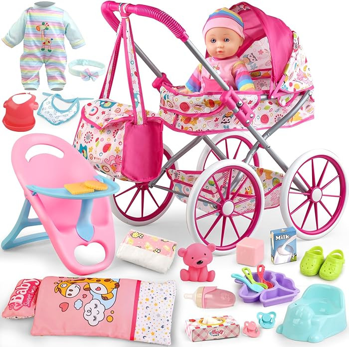 Baby Doll Stroller Toys Set with 12.5" Baby Doll,Dining Chair,Quilt Pillow,24 PCS Doll Accessorie... | Amazon (US)