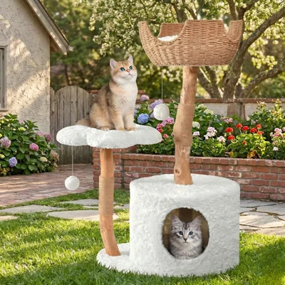 39.3in Aesthetic Wood Cat Tree Tower for Large Cats, Luxury Cat Condo with Scratching Posts, Flower Platforms, Cat Furniture, White | Wayfair North America
