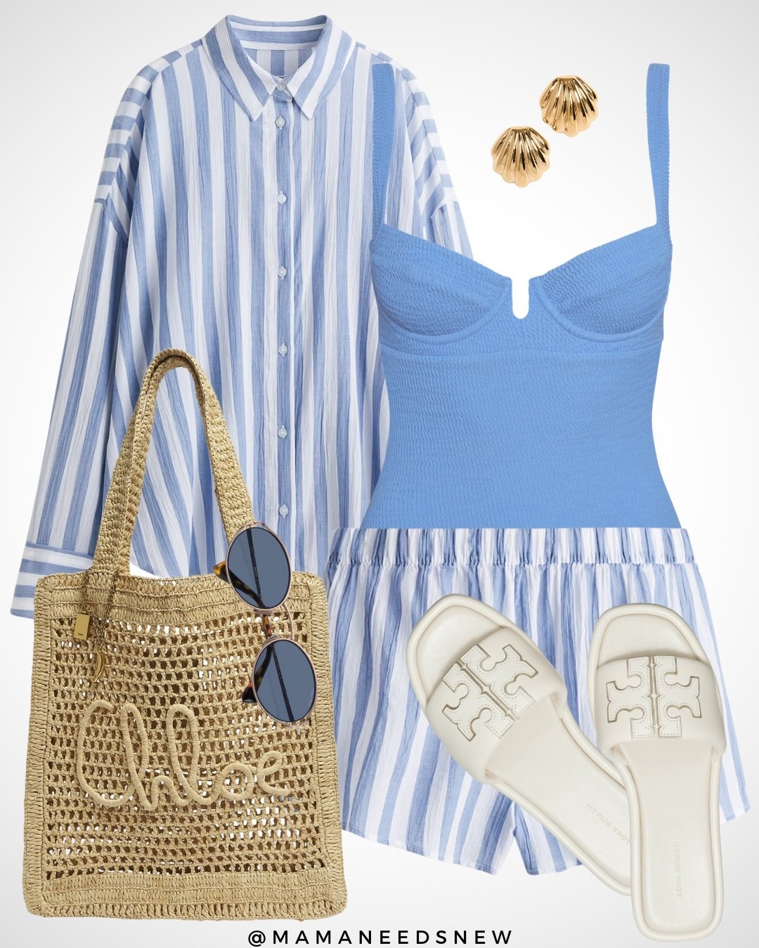 A summer / vacation outfit with a striped matching beach shirt and shorts set, crinkle swimsuit, slide sandals & crochet tote bag 🩵

#LTKSaleAlert #LTKSwim #LTKStyleTip
