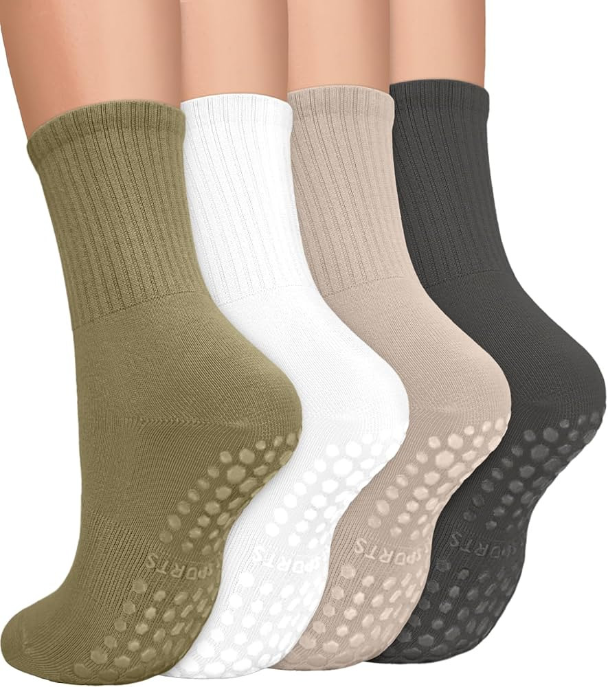 yeuG 4 Pairs Non Slip Pilates Socks with Grips for Women, Grip Socks for Yoga Barre Grippy Crew S... | Amazon (US)