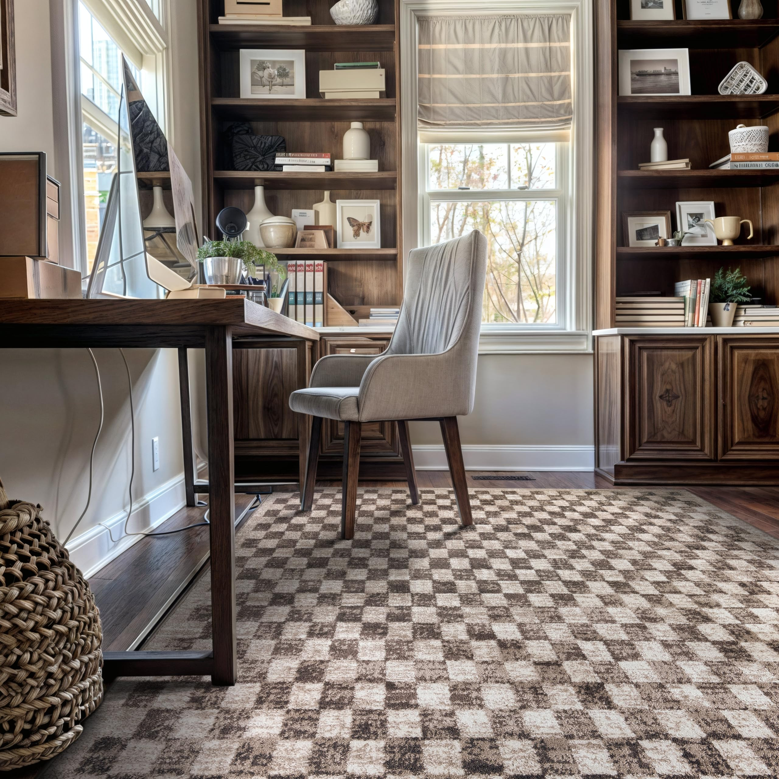 Rugshop Beige Checkered Area Rug – Textured Grid Pattern Carpet for Living Room, Bedroom, or Office – Neutral Contemporary Soft Floor Décor 5' x 7' Beige | Amazon (US)