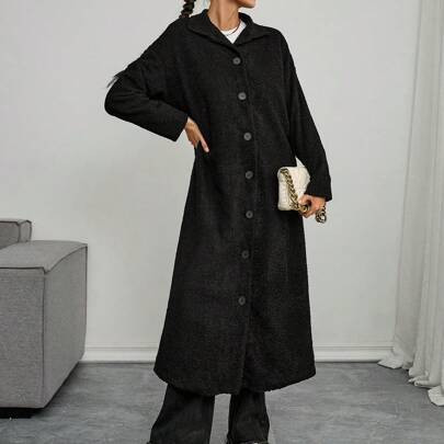 Black Coat Tailored Overcoat Women's Black Fluffy Extra Long Coat Long Sleeve Teddy Plush Modern Coat | SHEIN
