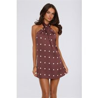 Daydream Club Polka Dot Satin Halter Mini Dress Brown | Hello Molly (US)