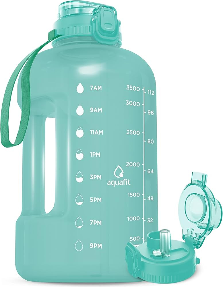 AQUAFIT 1 Gallon Water Bottle with Time Marker - Straw & Chug Lid - Big Water Bottle with Straw -... | Amazon (US)