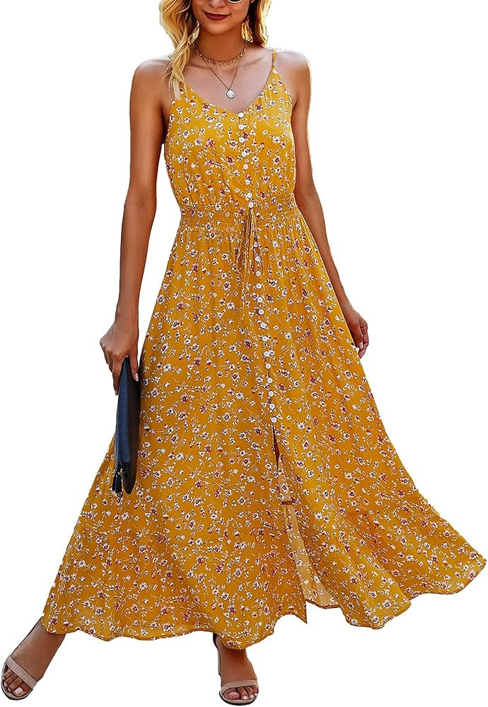 BTFBM Women 2024 Summer Spaghetti Strap V Neck Dress Polka Dot Floral Button Down Slit Sleeveless... | Amazon (US)