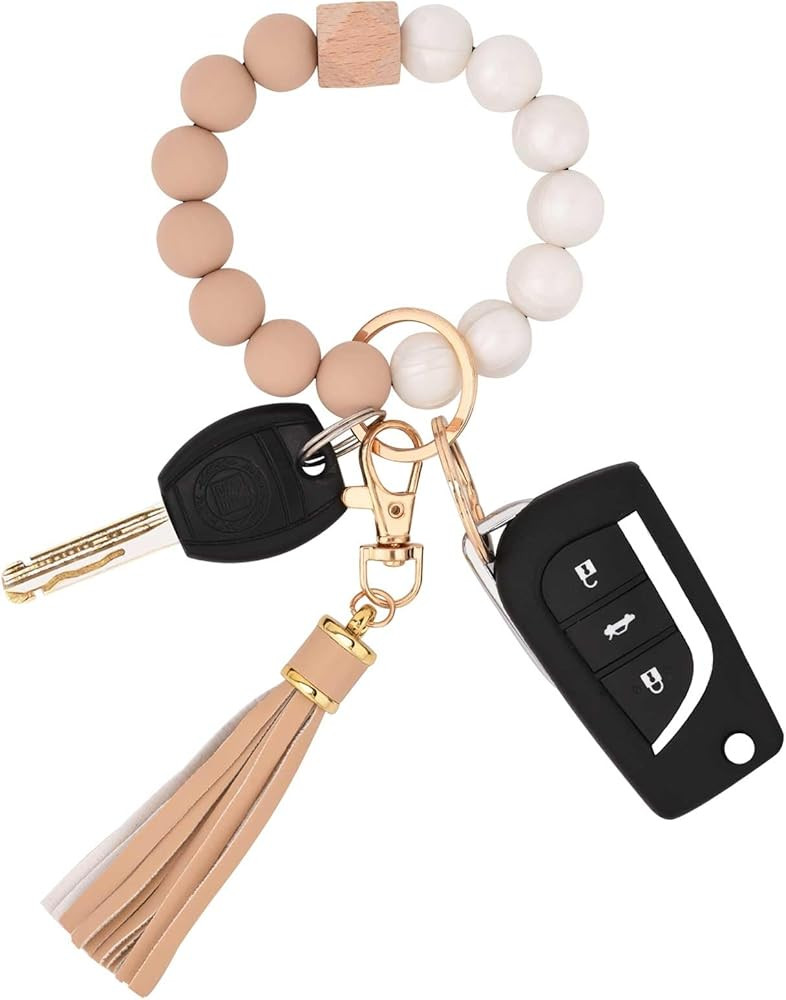 BAOSIWA Silicone Beaded Bracelet Keychain Wristlet Key Ring Bangle Chains for Women with Leather ... | Amazon (US)