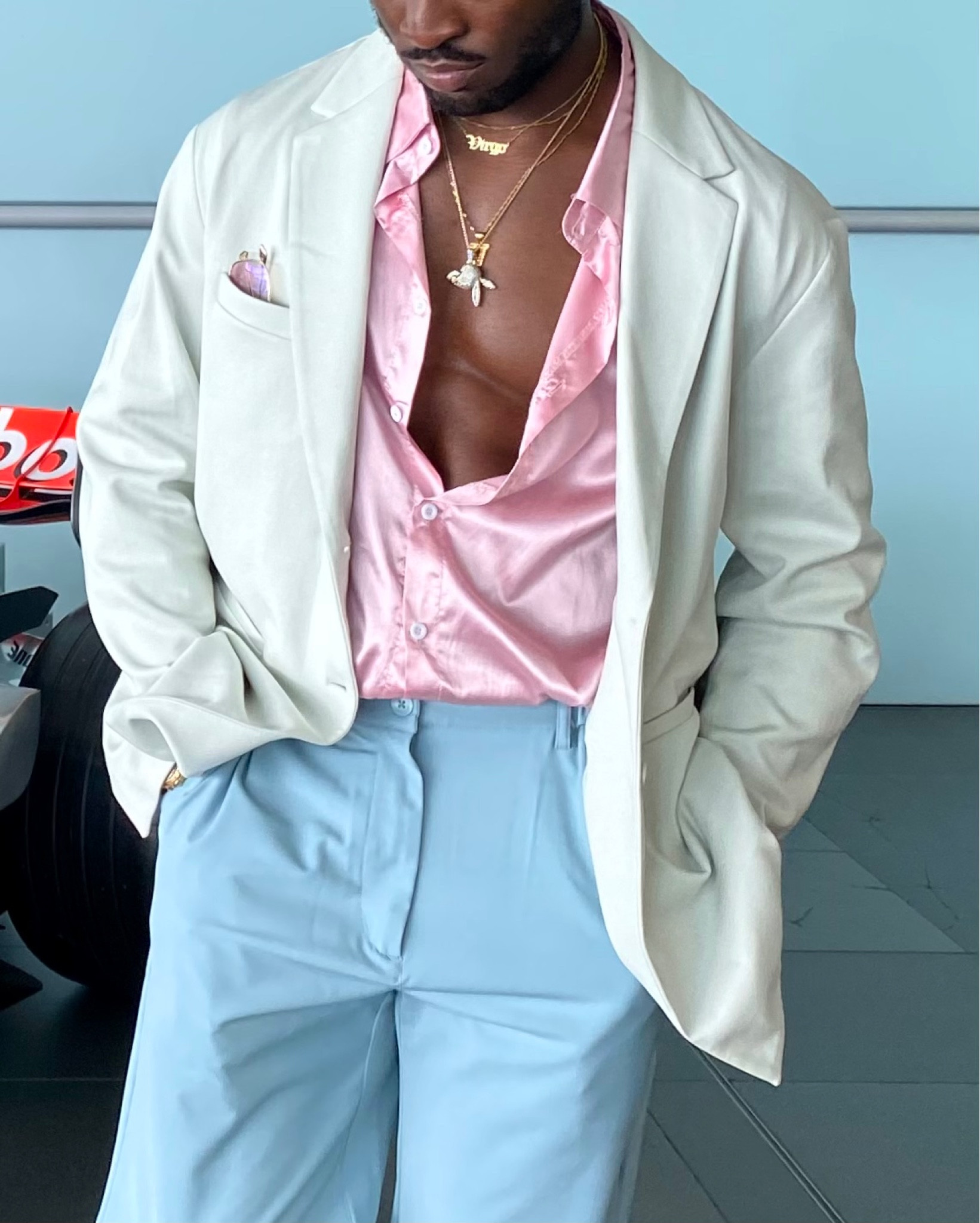 Start sign chain, zodiac necklace, white blazer, satin shirt, pink silk shirt, light blue wide leg trousers, tails slacks, men’s fashion 

#LTKmens #LTKeurope #LTKstyletip
