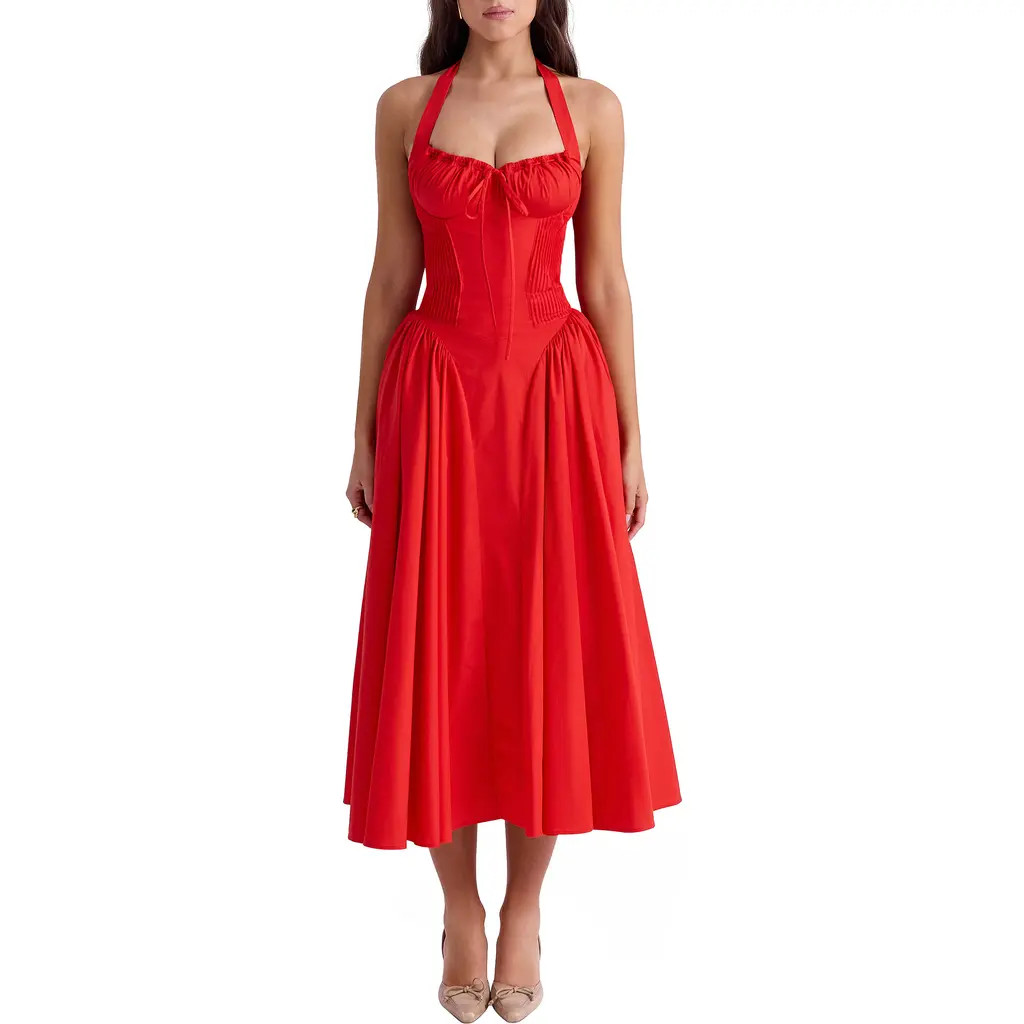 HOUSE OF CB Adabella Halter Neck Midi Dress in Flame Scarlet at Nordstrom, Size X-Large A | Nordstrom