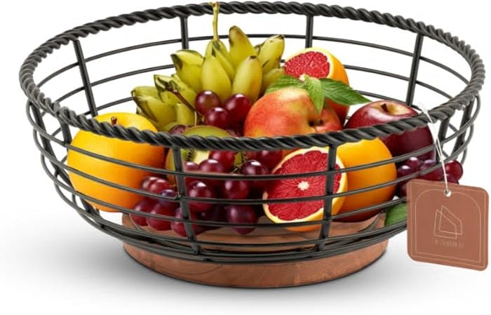 Wood and Iron Fruit Bowls Dishwasher Safe Basket Gift for Home Kitchen, Medium, Natural - 12"x12"... | Amazon (US)