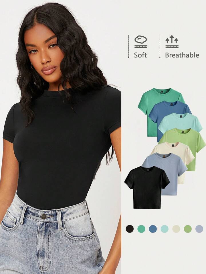 SHEIN BASICS 1pc Solid Form Fitted Tee | SHEIN