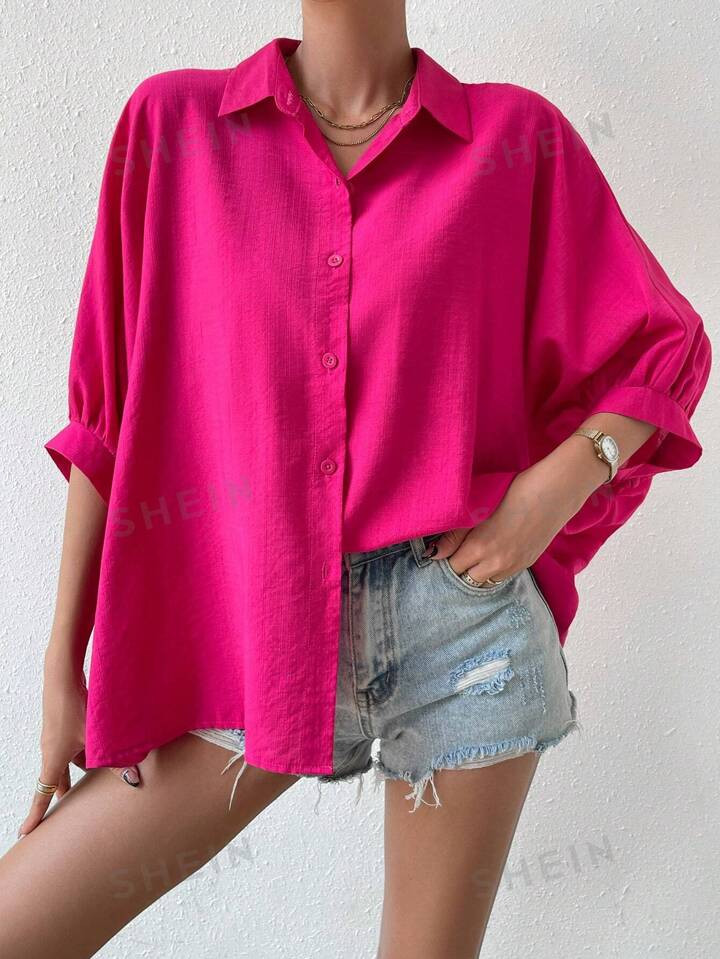 SHEIN VCAY Solid Batwing Sleeve Button Front Shirt | SHEIN