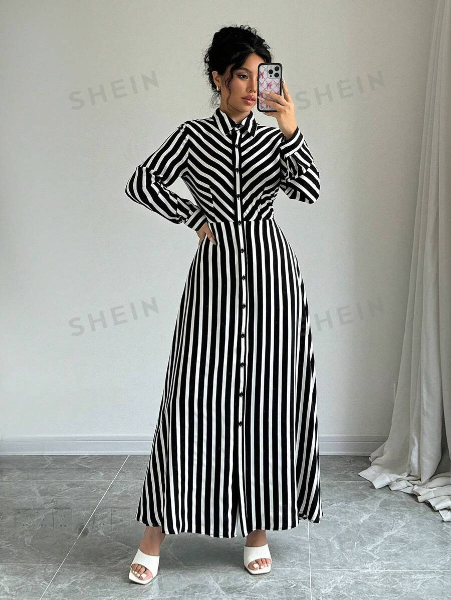 SHEIN Privé Women's Fashionable Long Sleeve Lapel Collar Striped Dress With Waist Belt, Suitable... | SHEIN