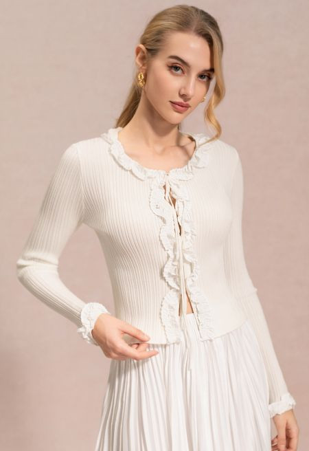 Self-Tie Front Ruffle Trim Ribbed Knit Top in Ivory for Brunch Dates & Picnics | Chicwish