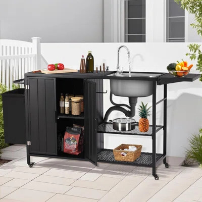 Outdoor Grill Cart With Sink, Grill Sink Station With Storage Shelf & Trash Can, Outdoor Bar Cart Station With Cabinet For Patio, Backyard, Garden, Gr | Wayfair North America