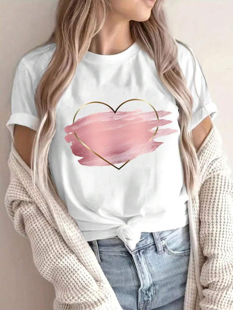 INAWLY Summer Casual Pink Graffiti Printed Heart Round Neck Short Sleeve T-Shirt Graphic Tees Wom... | SHEIN