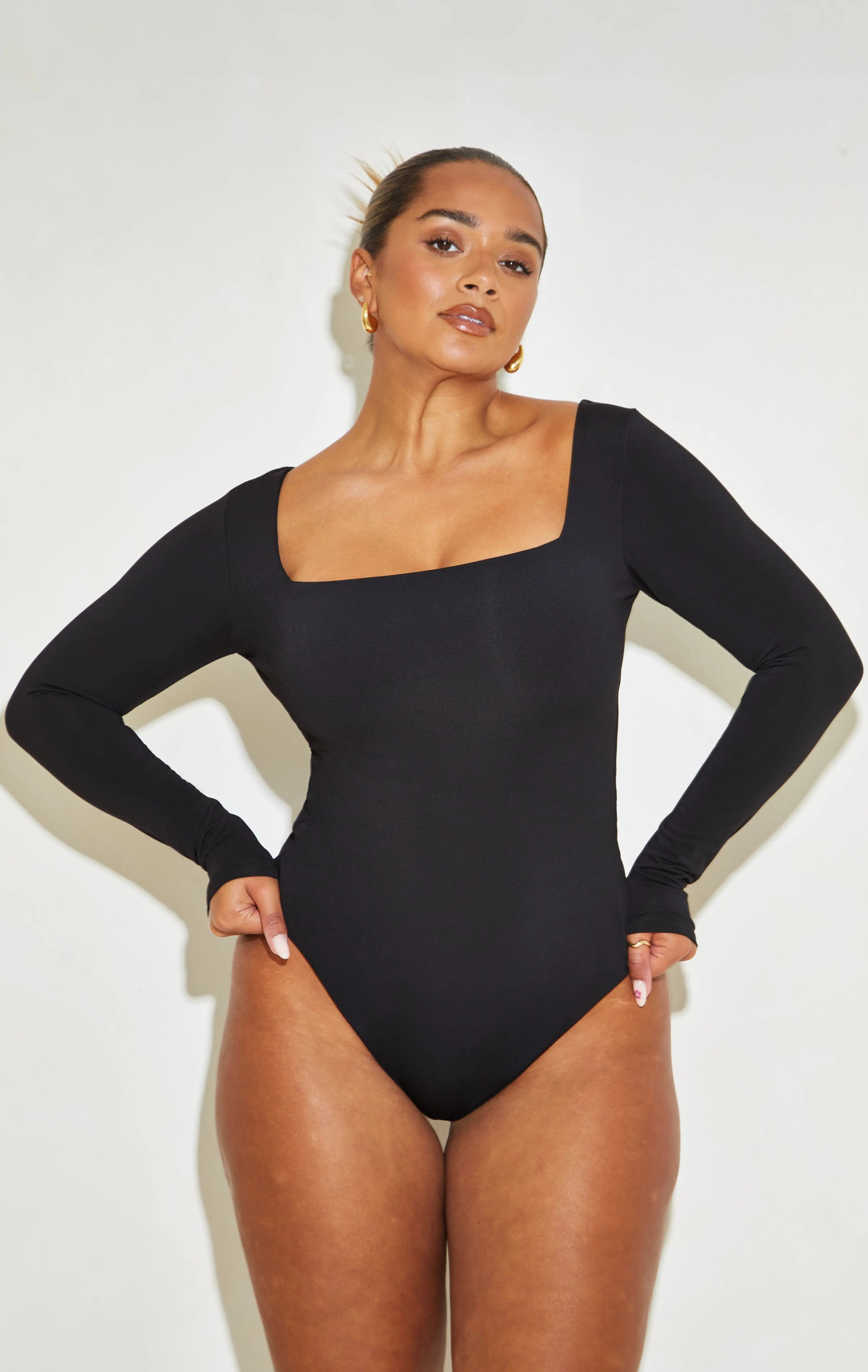 Long Sleeve Square Neck Tummy Control ‘Charlie’ Bodysuit - Black - | RELR